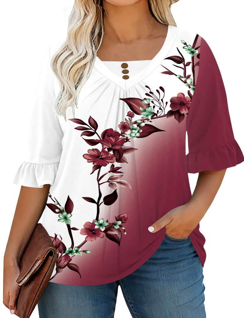 TFSDOD 3/4 Length Sleeve Tops for Women Women's Plus Size Button Down Shirts 3/4 Ruffle Sleeve Floral Blouses 4XL - Image 2