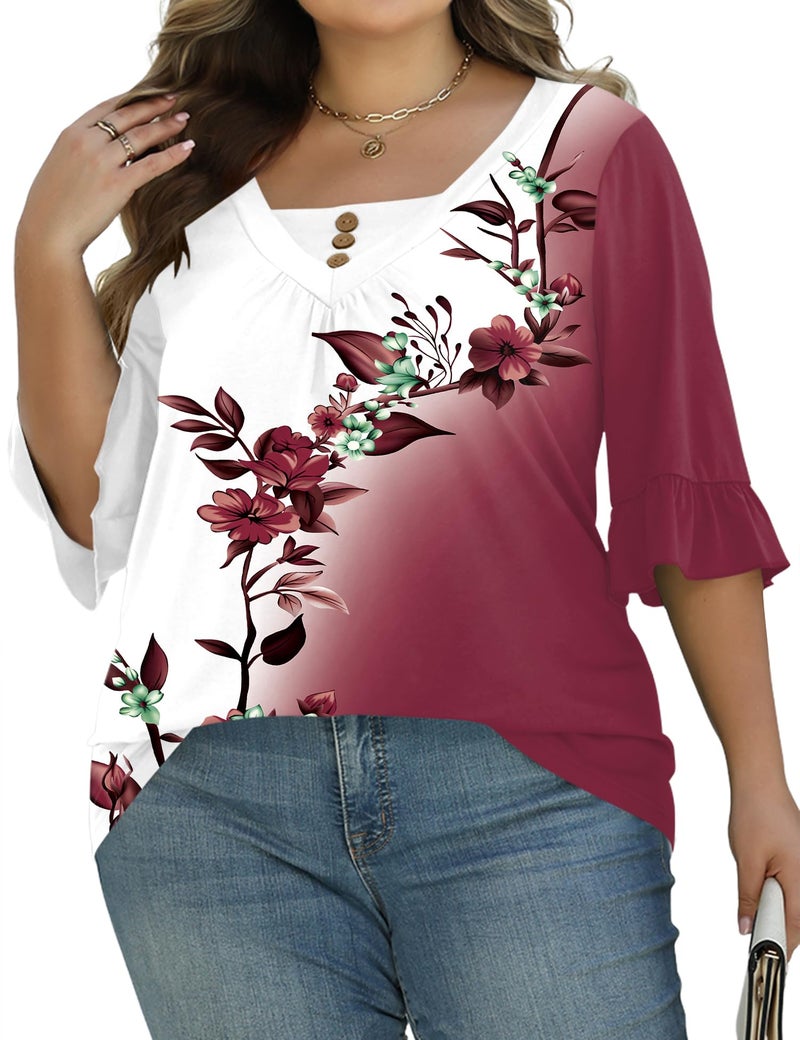 TFSDOD 3/4 Length Sleeve Tops for Women Women's Plus Size Button Down Shirts 3/4 Ruffle Sleeve Floral Blouses 4XL - Image 4