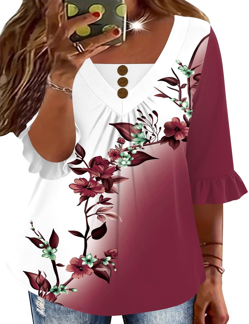 TFSDOD 3/4 Length Sleeve Tops for Women Women's Plus Size Button Down Shirts 3/4 Ruffle Sleeve Floral Blouses 4XL - Image 1