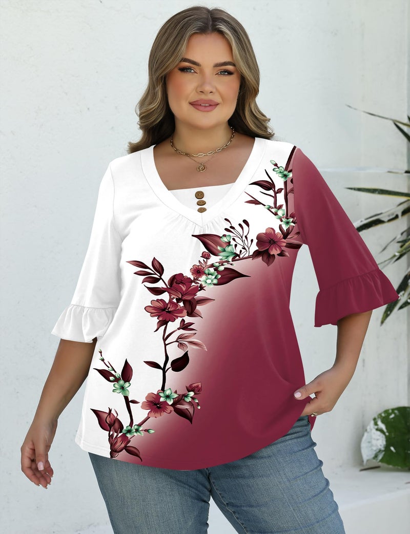 TFSDOD 3/4 Length Sleeve Tops for Women Women's Plus Size Button Down Shirts 3/4 Ruffle Sleeve Floral Blouses 4XL - Image 5