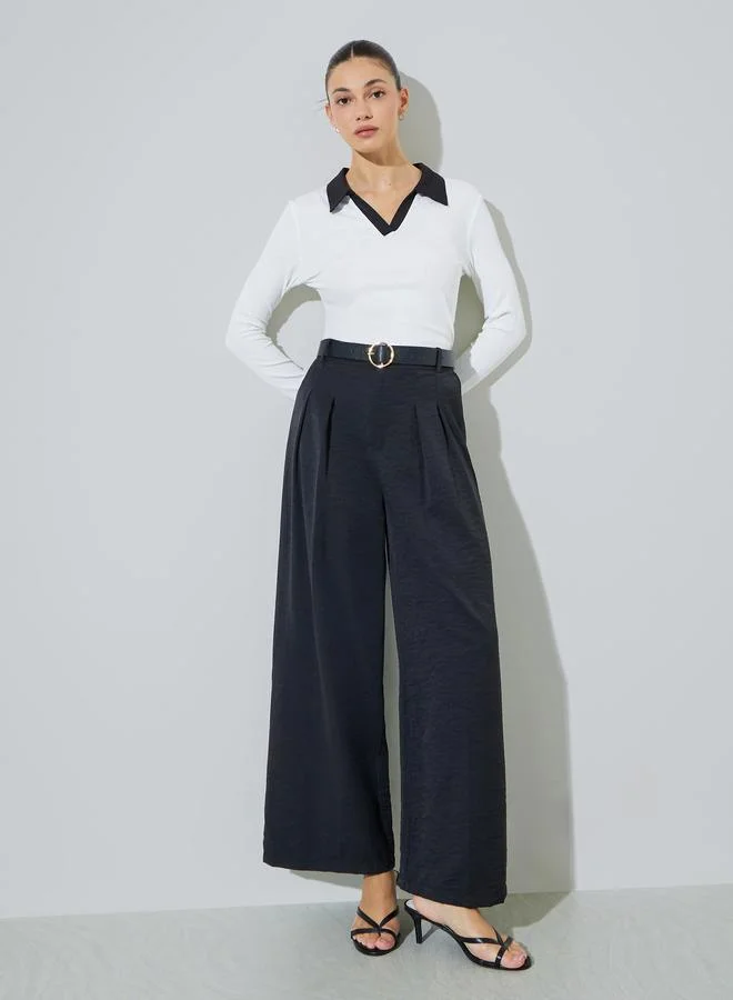 ستايلي Off White Contrast Collar Long Sleeves Ribbed Top