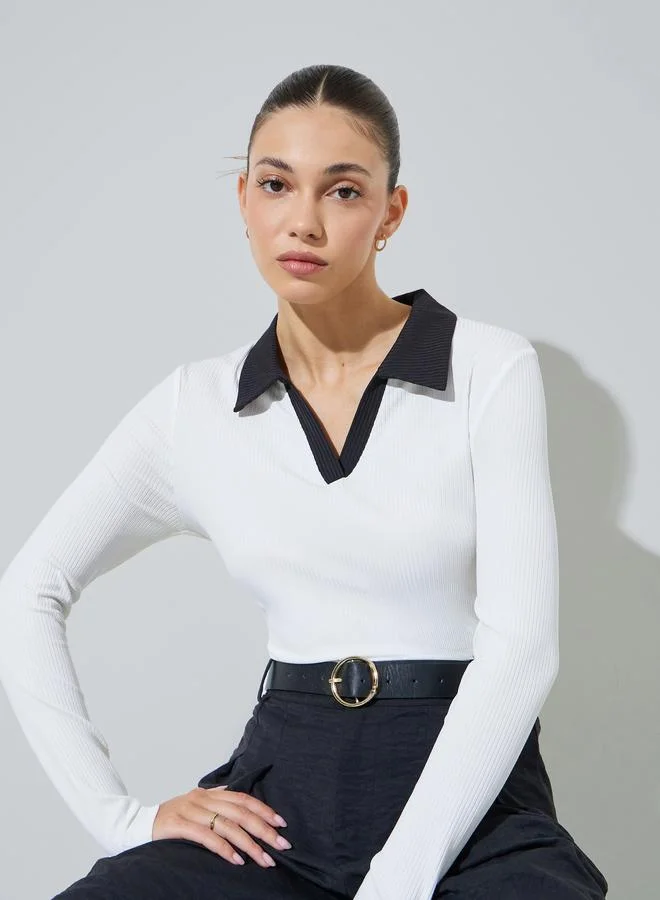 ستايلي Off White Contrast Collar Long Sleeves Ribbed Top