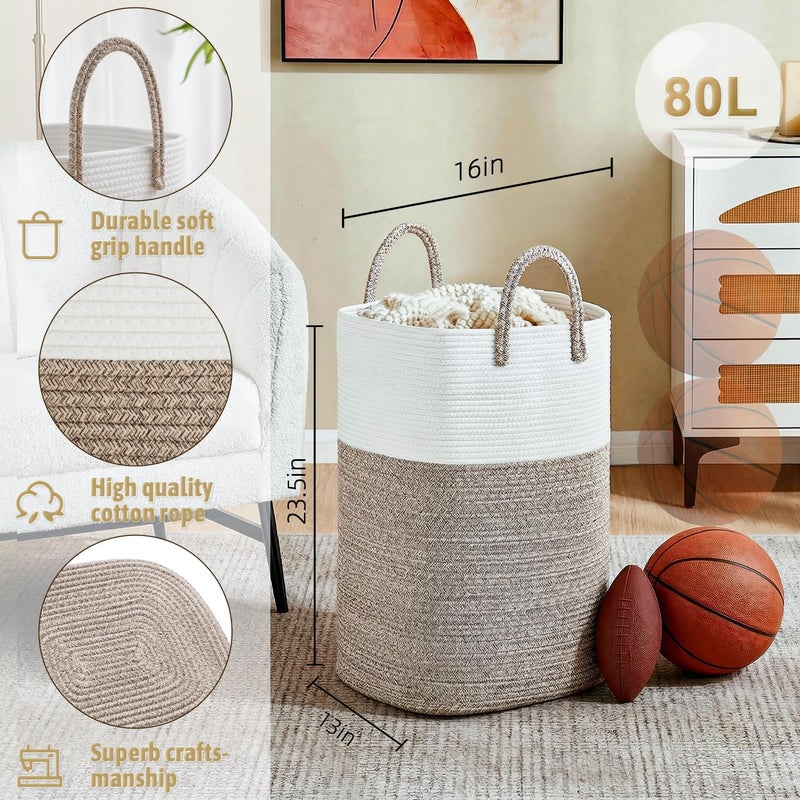 Artfeel Laundry Basket,Woven Cotton Rope Laundry Hamper,Versatile Storage for Dirty Clothes,Baby Toys,and Blankets in Bathroom, Nursery,and Living Room (Brown, 80L) - Image 2