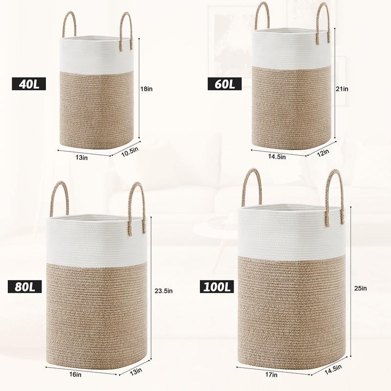 Artfeel Laundry Basket,Woven Cotton Rope Laundry Hamper,Versatile Storage for Dirty Clothes,Baby Toys,and Blankets in Bathroom, Nursery,and Living Room (Brown, 80L) - Image 3