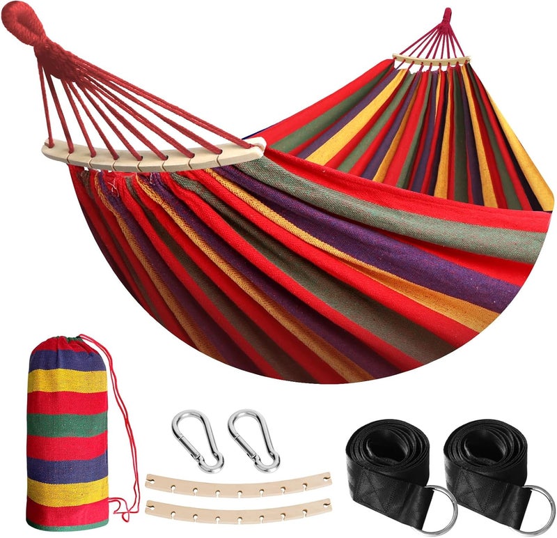 Anyoo Garden Cotton Hammock with 40CM Curved Wooden bar Portable Comfortable Hammock with Compact Travel Bag,Perfect for Indoor/Outdoor Patio Yard Red - Image 1