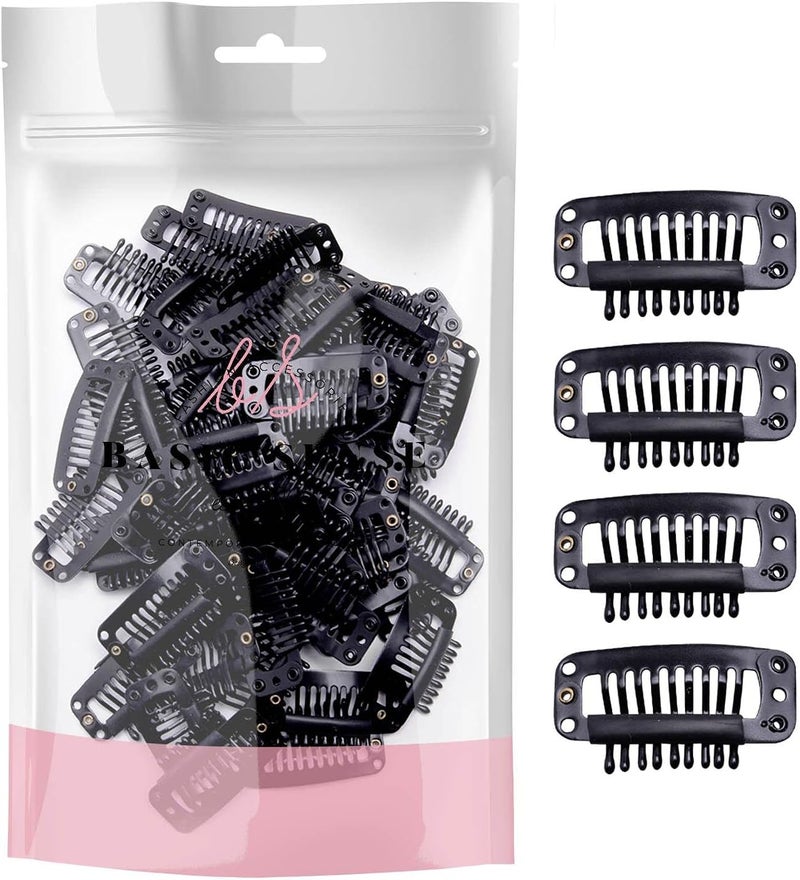 BasicSense 60 pcs Hair Extensions Strong Metal Snap Teeth Clips Hairpiece DIY Clip Large Black