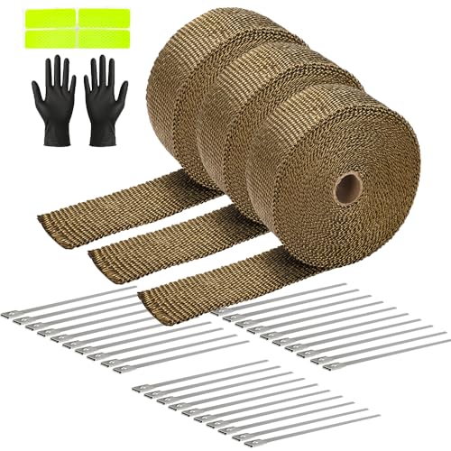 JOUGU Exhaust Heat Wrap Roll 2" x 50' Titanium Fiberglass Heat Shield Tape 3 Rolls 5cm x 15m with 30pcs Stainless Ties for Motorcycle Car Truck - Image 1