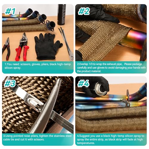JOUGU Exhaust Heat Wrap Roll 2" x 50' Titanium Fiberglass Heat Shield Tape 3 Rolls 5cm x 15m with 30pcs Stainless Ties for Motorcycle Car Truck - Image 2