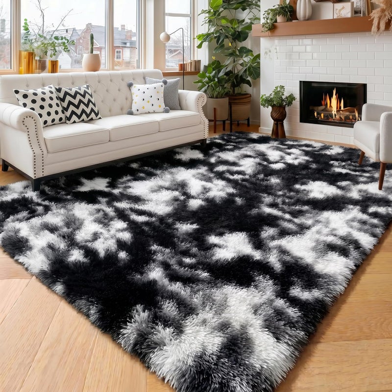 Amdrebio Black White Grey Cool Area Rugs for Bedroom Living Room Fluffy Modern Furry Rugs for Kids Room Decor Plush Shaggy Throw Rug 4x6 for Men Teen Boy Aesthetic Floor Carpet for Dorm Home Office - Image 2