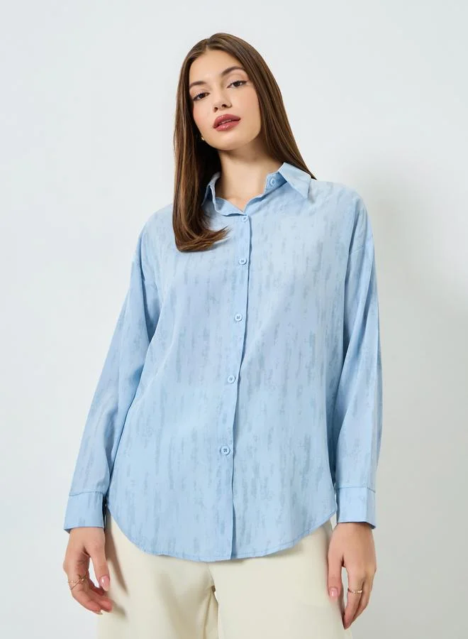 Styli Blue Textured Long Sleeve Oversized Shirt