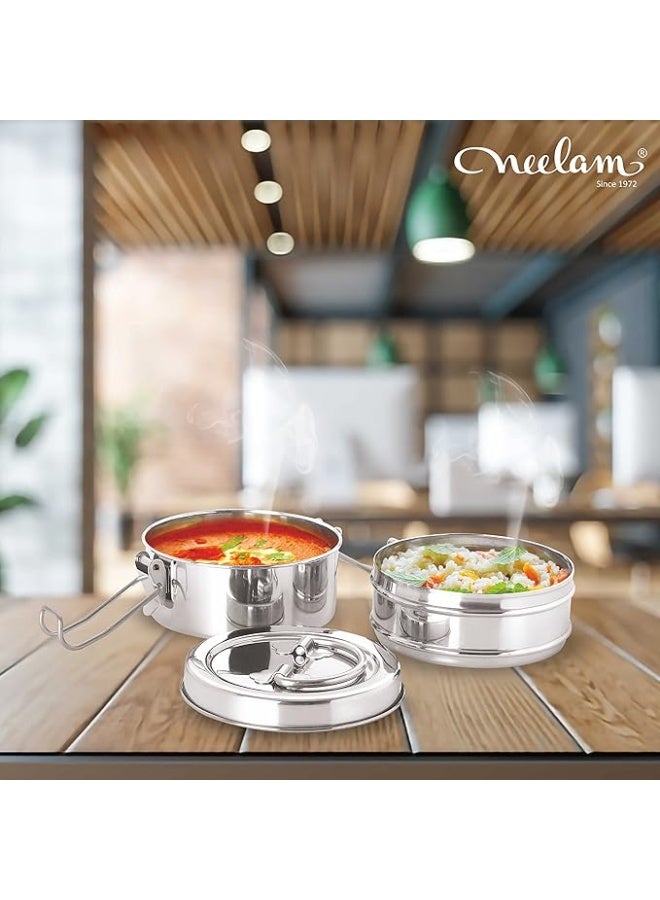 neelam Stainless Steel Lunch Box/Tiffin with Locking Clip, 2-Tier Container, 800 ml, Hot & Cold Leak-Proof, Compact & Durable, Perfect for Office, School, Picnic and Travel, Silver - Image 4