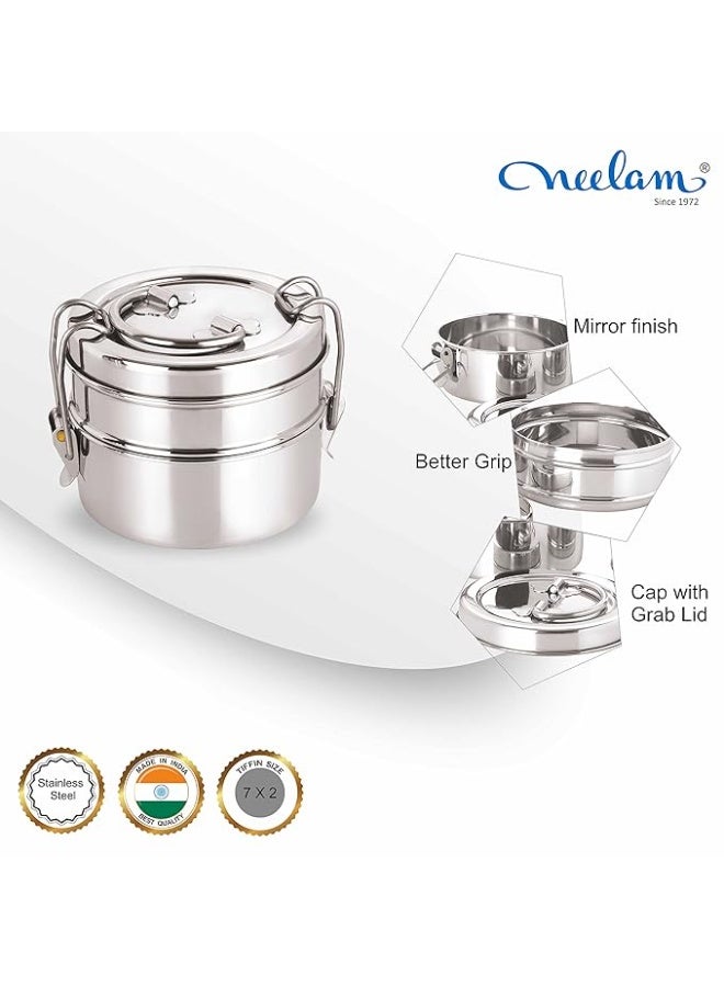 neelam Stainless Steel Lunch Box/Tiffin with Locking Clip, 2-Tier Container, 800 ml, Hot & Cold Leak-Proof, Compact & Durable, Perfect for Office, School, Picnic and Travel, Silver - Image 3