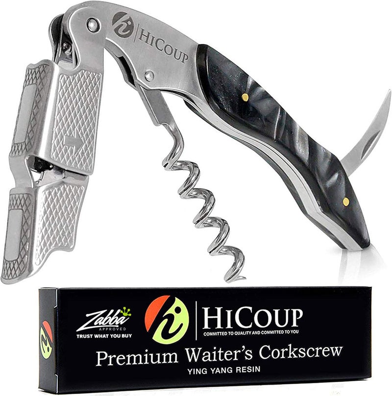 HiCoup Kitchenware فتاحة نبيذ هيكوب - مفتاح احترافي لزجاجات النبيذ مع قاطع ورق ورافعة غطاء - مفتاح نبيذ يدوي للخدم والنادلين وبارتندرز والاستخدام المنزلي - ينغ يانغ - Image 1