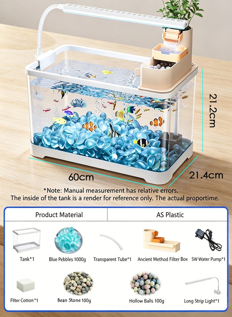 Desktop Ecological Fish Tank, Ultra Clear Plastic Aquarium Kit with LED Light & Circulating Filter, No Water Change Small Decorative Tank for Betta & Goldfish, Home Office Tabletop Decor - Image 2