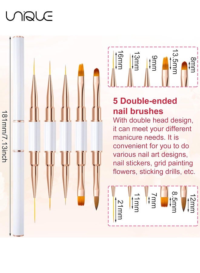 Unique 5Pcs Nail Art Brushes, Double Ended Nail Art Lines 3D Drawing Pen, Nail Cleaning Brushes, Builder Gel Brushes Nail Art Tools for Salon Home DIY Manicure, Double-headed Dual-use Pull Wire Painting Pen - Image 2