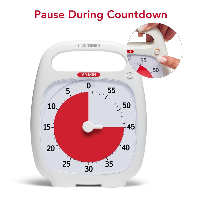 Time Timer Time Timer PLUS 60 Minute Desk Visual Timer — Countdown Timer with Portable Handle for Classroom, Office, Homeschooling, Study Tool with Silent Operation (White)  - Image 5