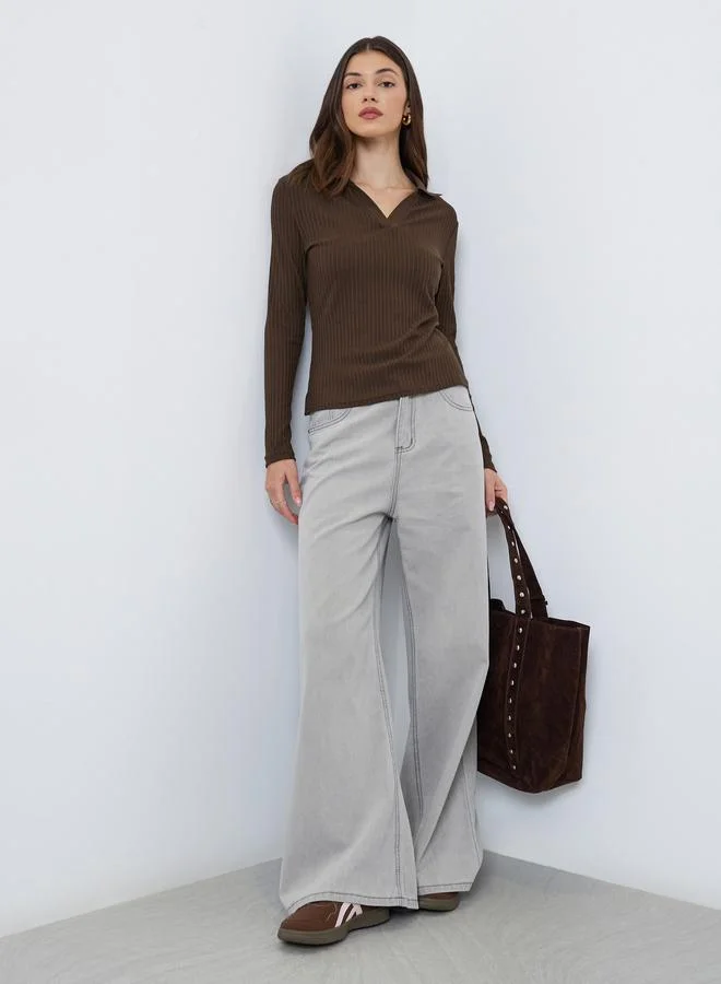 Styli Brown Textured Knit Top with Open Collar