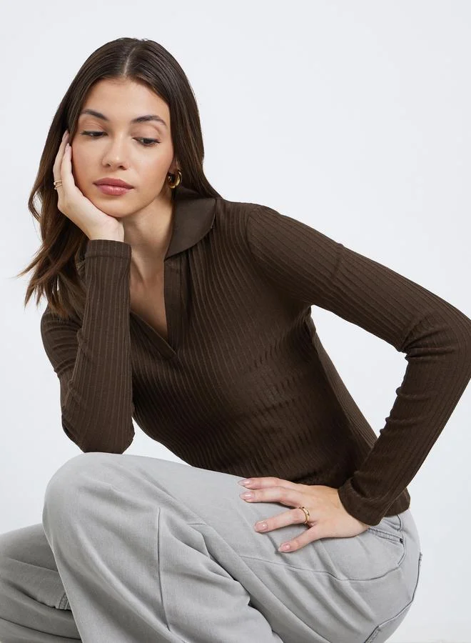 Styli Brown Textured Knit Top with Open Collar