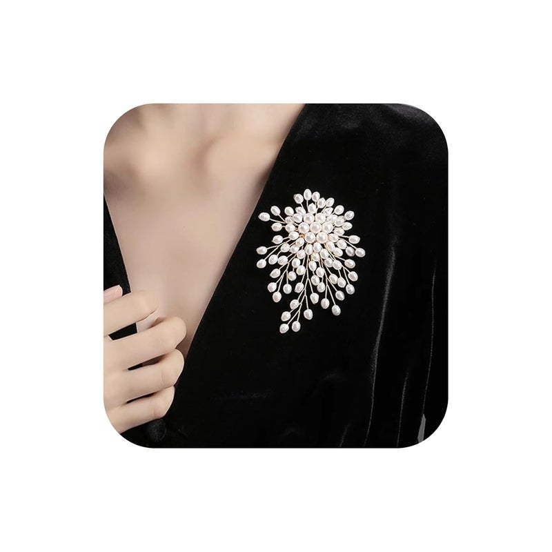 BharatBazaar Charm White Pearl Brooch Pin for Women, Large Pearl Flower Saree Pins for Womens Latest, Sari Pins for Women Suitable Graceful Wedding Anniversary Prom Jewelry Gifts - Image 1