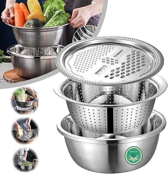 HMAA Kitchen Multipurpose Grater Bowl with Drain Colander Grater Mesh Basket 3 in 1 Stainless Steel Basin Vegetable and Fruit Washing Bowl Strainer Cutter Salad Maker Set 26cm - Image 1