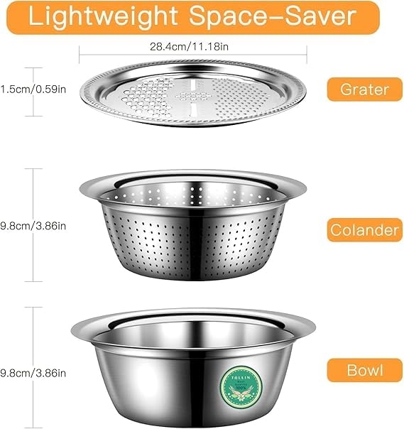 HMAA Kitchen Multipurpose Grater Bowl with Drain Colander Grater Mesh Basket 3 in 1 Stainless Steel Basin Vegetable and Fruit Washing Bowl Strainer Cutter Salad Maker Set 26cm - Image 2