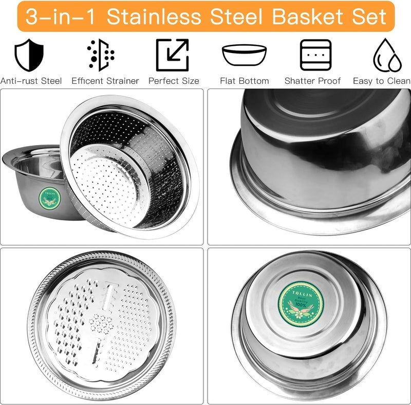 HMAA Kitchen Multipurpose Grater Bowl with Drain Colander Grater Mesh Basket 3 in 1 Stainless Steel Basin Vegetable and Fruit Washing Bowl Strainer Cutter Salad Maker Set 26cm - Image 5