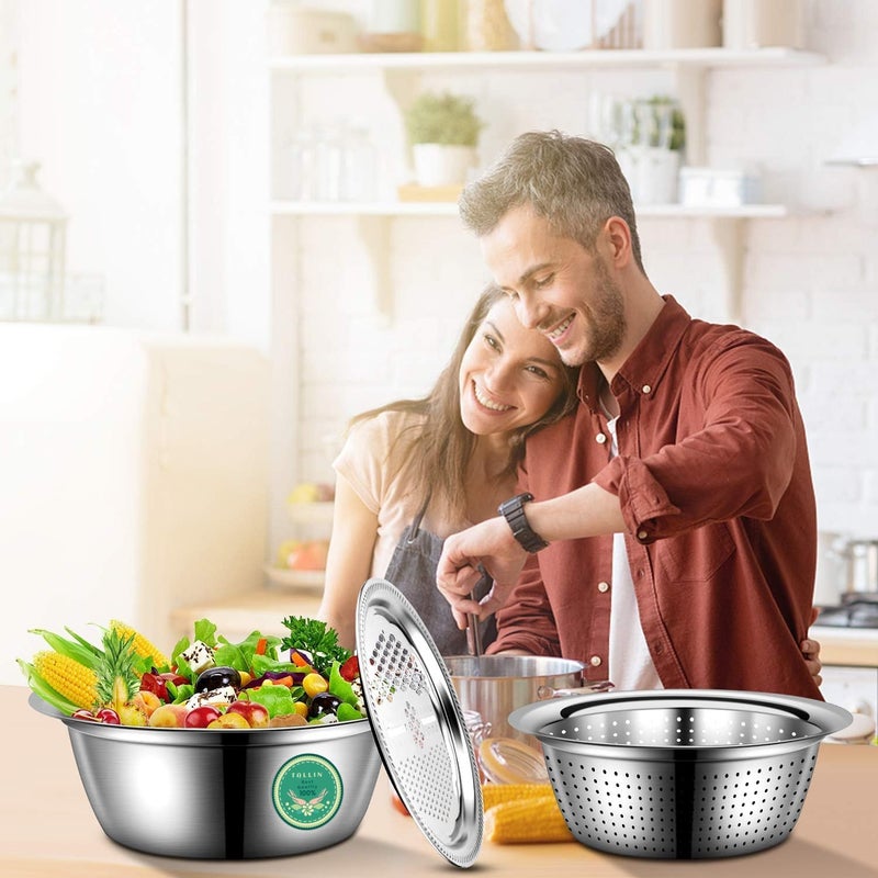HMAA Kitchen Multipurpose Grater Bowl with Drain Colander Grater Mesh Basket 3 in 1 Stainless Steel Basin Vegetable and Fruit Washing Bowl Strainer Cutter Salad Maker Set 26cm - Image 4