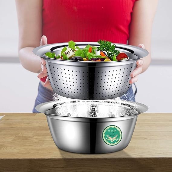 HMAA Kitchen Multipurpose Grater Bowl with Drain Colander Grater Mesh Basket 3 in 1 Stainless Steel Basin Vegetable and Fruit Washing Bowl Strainer Cutter Salad Maker Set 26cm - Image 3
