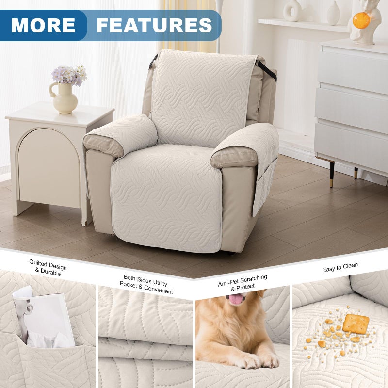 DEEPDREAM Deep Dream Waterproof Recliner Chair Covers, Non-Slip Recliner Couch Cover, Lazy Boy Chair Cover Furniture Protector, Washable Quilted Sofa Slipcover with Pocket for Pets, Kids(Off White, 23") - Image 4