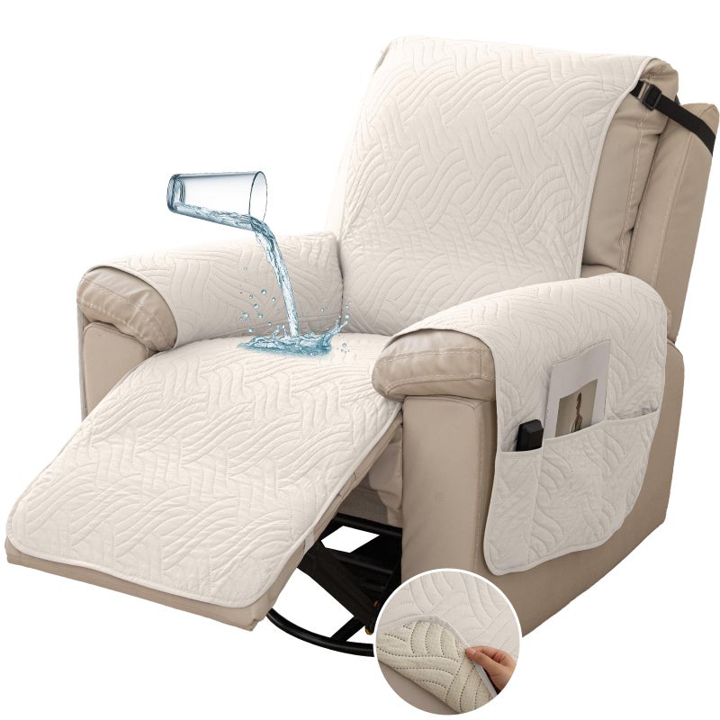 DEEPDREAM Deep Dream Waterproof Recliner Chair Covers, Non-Slip Recliner Couch Cover, Lazy Boy Chair Cover Furniture Protector, Washable Quilted Sofa Slipcover with Pocket for Pets, Kids(Off White, 23") - Image 1