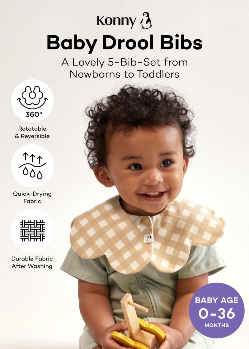 Konny Baby Bibs 5-Pack, 360 ​​° Rotate, New Year Gifts for Boys Girls baby Essentials(Set 5 - Mint, Ivory, Creamy Gingham, Oatmeal, Blue Gingham) - Image 2