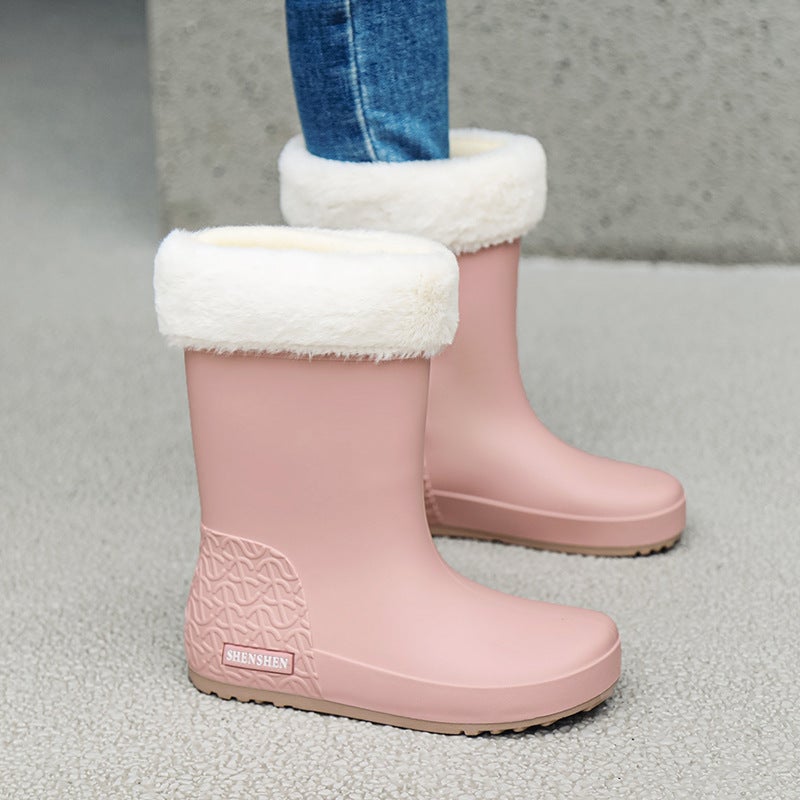 Fashionable Womens Waterproof Rain Boots Pink [Cotton added]] 