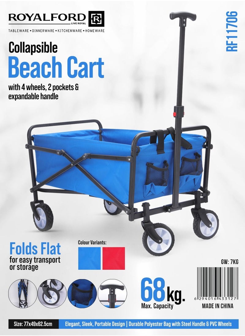 Royalford - Collapsible Beach Cart- RF11706| 68 KG Maximum Capacity, Multi-Purpose Utility Beach Cart With Handles, Pockets And Wheels| Durable, Portable And Stylish Polyester Cart With Steel Handle Construction| - Image 1