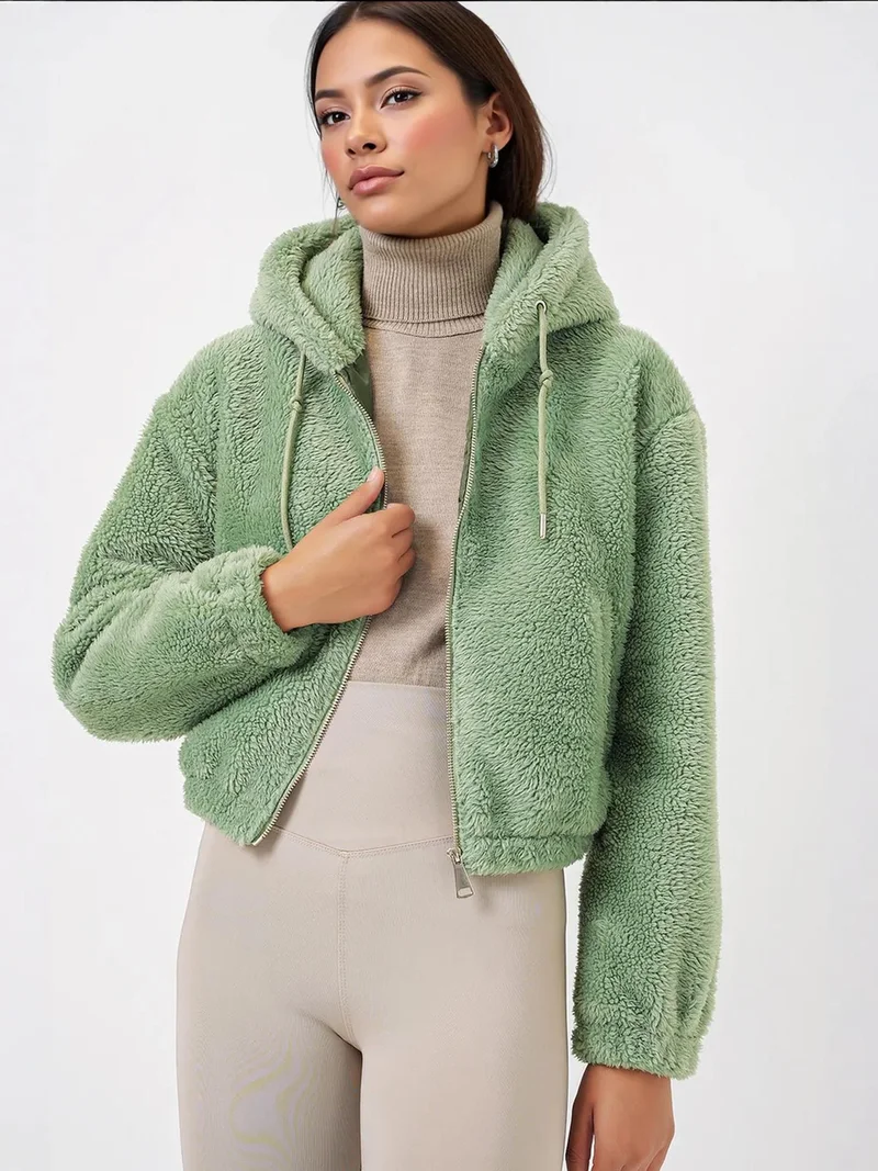 BIG DART BDART Faux Fur Leopard Print Hooded Crop Hoodie