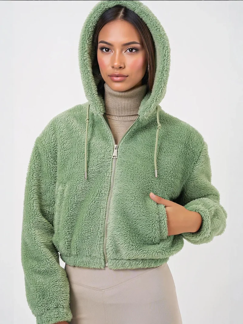 BIG DART BDART Faux Fur Leopard Print Hooded Crop Hoodie