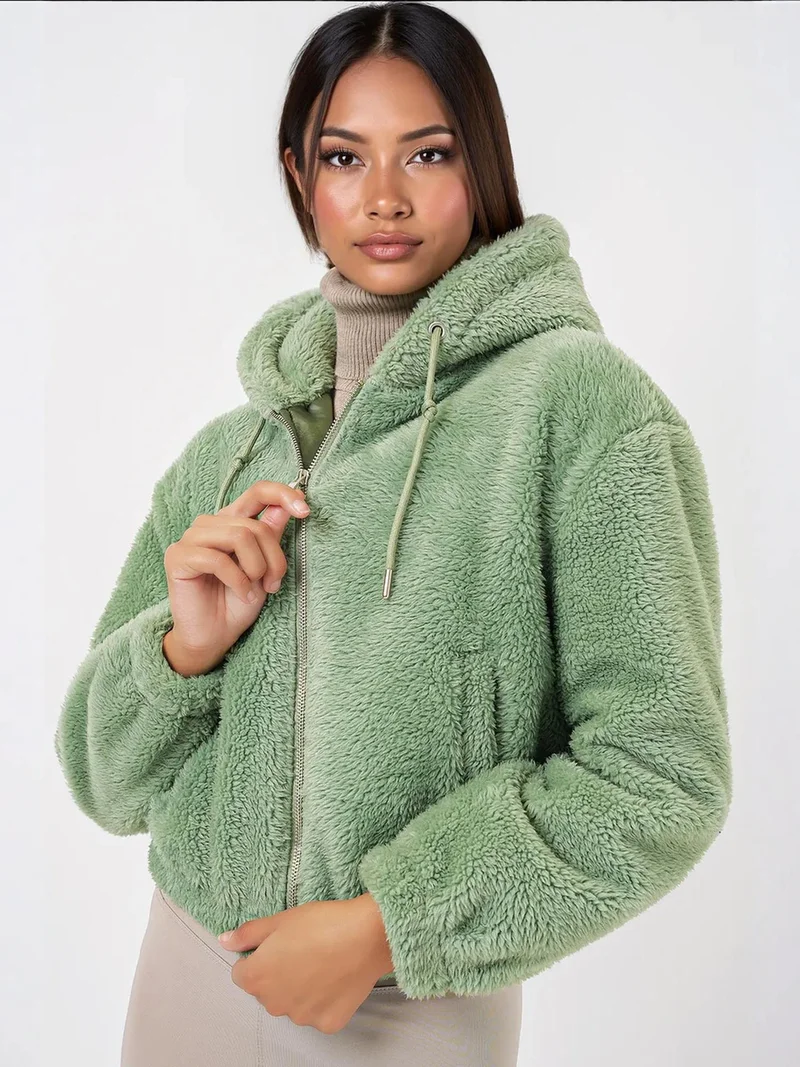 BIG DART BDART Faux Fur Leopard Print Hooded Crop Hoodie