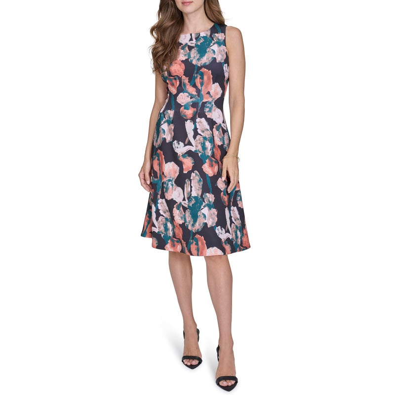 HALSTON H Women's A Line Round Neck Dress, Pine Multi, 10 - Image 1