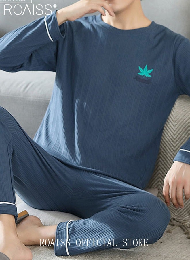 roaiss Warm Pajamas Set for Men Simple Long Sleepwear Suit Soft Home Men Pyjamas Set Autumn Winter Loose Skin Friendly Loungewear - Image 3