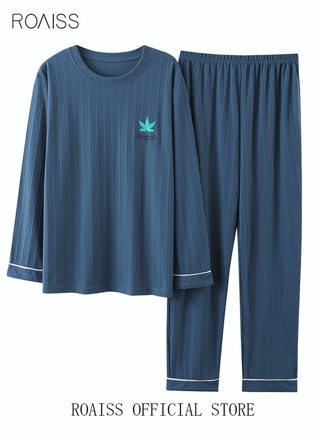 roaiss Warm Pajamas Set for Men Simple Long Sleepwear Suit Soft Home Men Pyjamas Set Autumn Winter Loose Skin Friendly Loungewear - Image 2