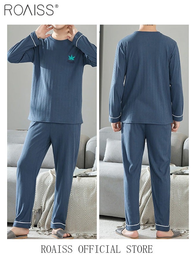 roaiss Warm Pajamas Set for Men Simple Long Sleepwear Suit Soft Home Men Pyjamas Set Autumn Winter Loose Skin Friendly Loungewear - Image 4