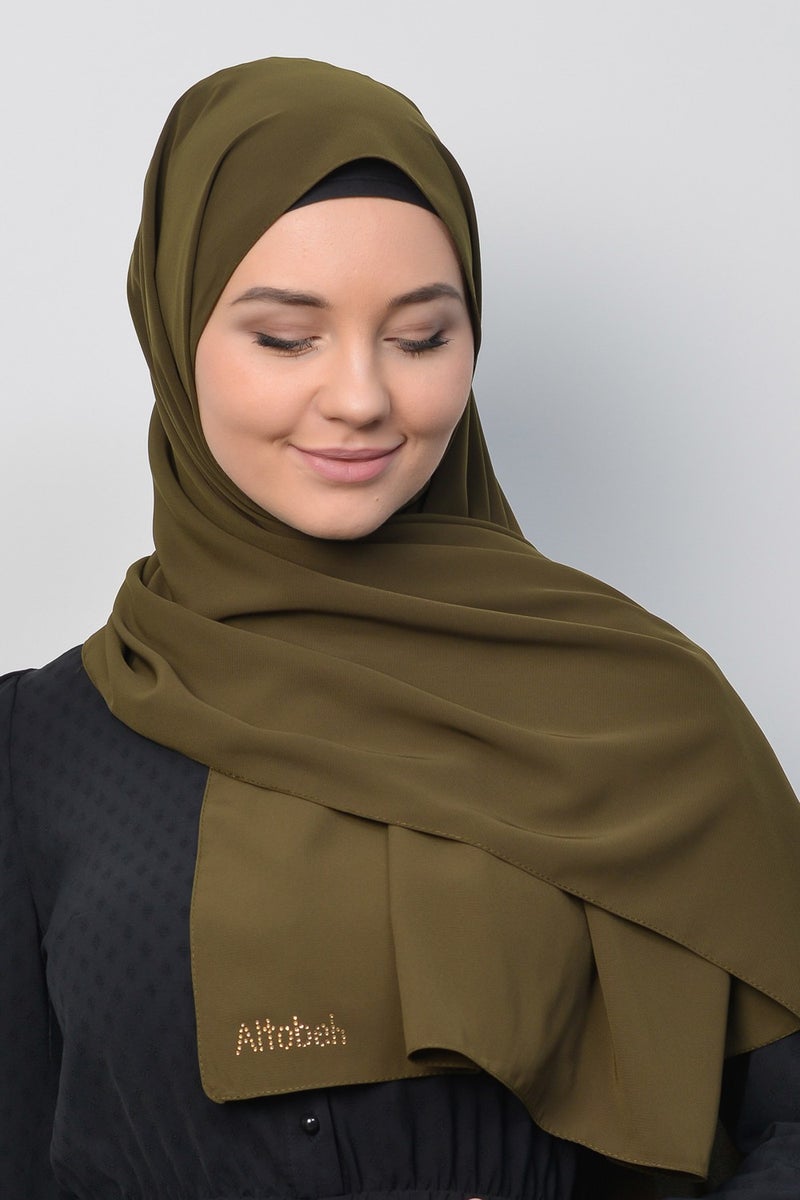 Altobeh Medina Silk Plain Hijab Shawl-Khaki  - Image 2