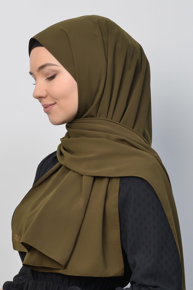 Altobeh Medina Silk Plain Hijab Shawl-Khaki  - Image 4