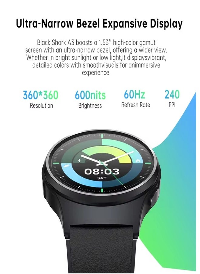 BLACK SHARK - A3 Sports Smart Watch 1.53 Inch Display,14 Days Regular Use Battery Life, Over 240 Stylish Watch Faces, Stable Dual Bluetooth Connection, 3ATM Water and Sweat Resistance, 120 Sports Modes A3 - Black - Image 1