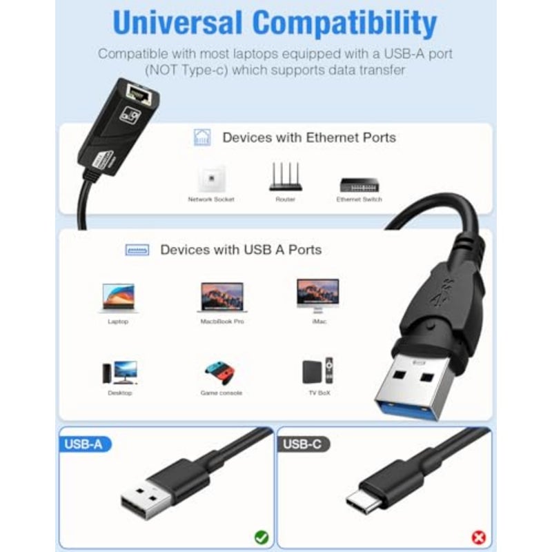 USB 3.0 to Gigabit Ethernet RJ45 Network Adapter Stable 1000Mbps high-speed wired LAN converter, works with MacBook, Windows, Linux, Switch, laptops and desktops - Image 3