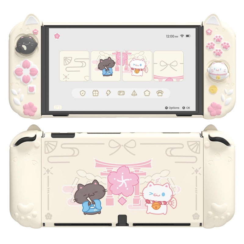 playvital Protective Case for Nintendo Switch OLED with Extra Stand - Cherry Blossoms Kitten Dockable Hard Shell Cover + Silicone Grips for Switch OLED with Thumb Grips, Shockproof - Antique Yellow - Image 1