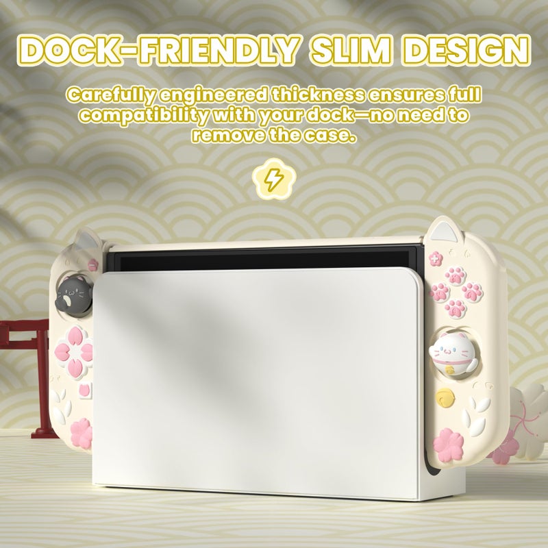 playvital Protective Case for Nintendo Switch OLED with Extra Stand - Cherry Blossoms Kitten Dockable Hard Shell Cover + Silicone Grips for Switch OLED with Thumb Grips, Shockproof - Antique Yellow - Image 3