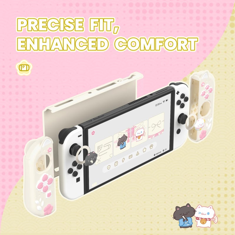 playvital Protective Case for Nintendo Switch OLED with Extra Stand - Cherry Blossoms Kitten Dockable Hard Shell Cover + Silicone Grips for Switch OLED with Thumb Grips, Shockproof - Antique Yellow - Image 4