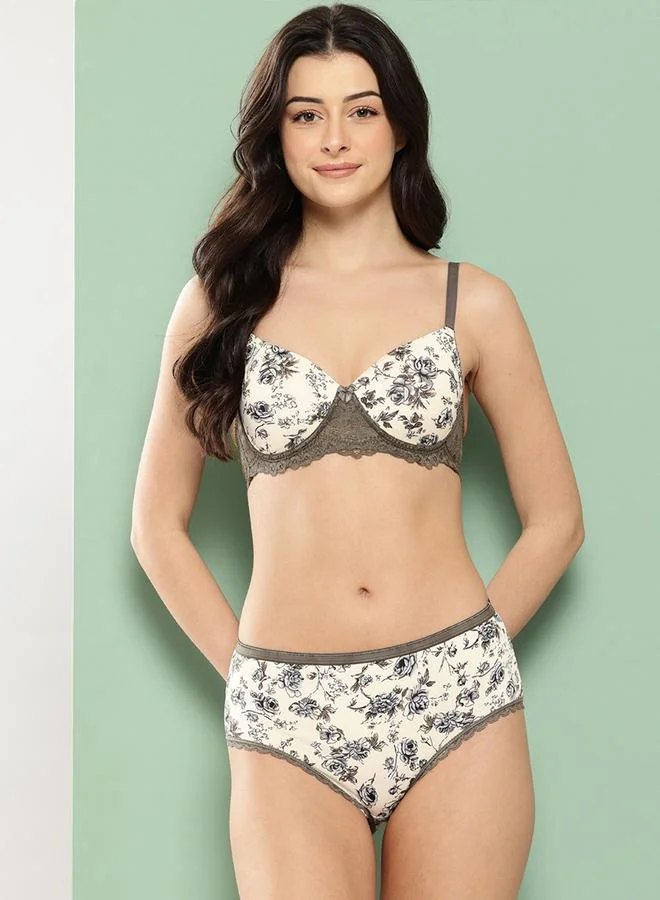 Leading Lady Cream Floral Lightly Padded Non Wired Bra and Brief Set