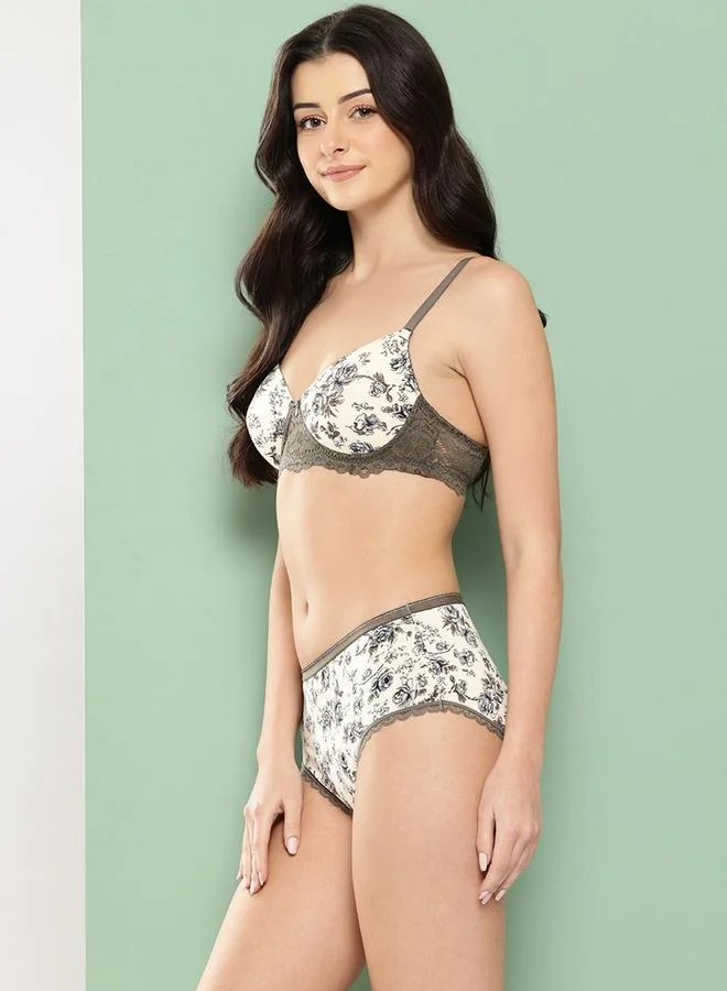 Leading Lady Cream Floral Lightly Padded Non Wired Bra and Brief Set