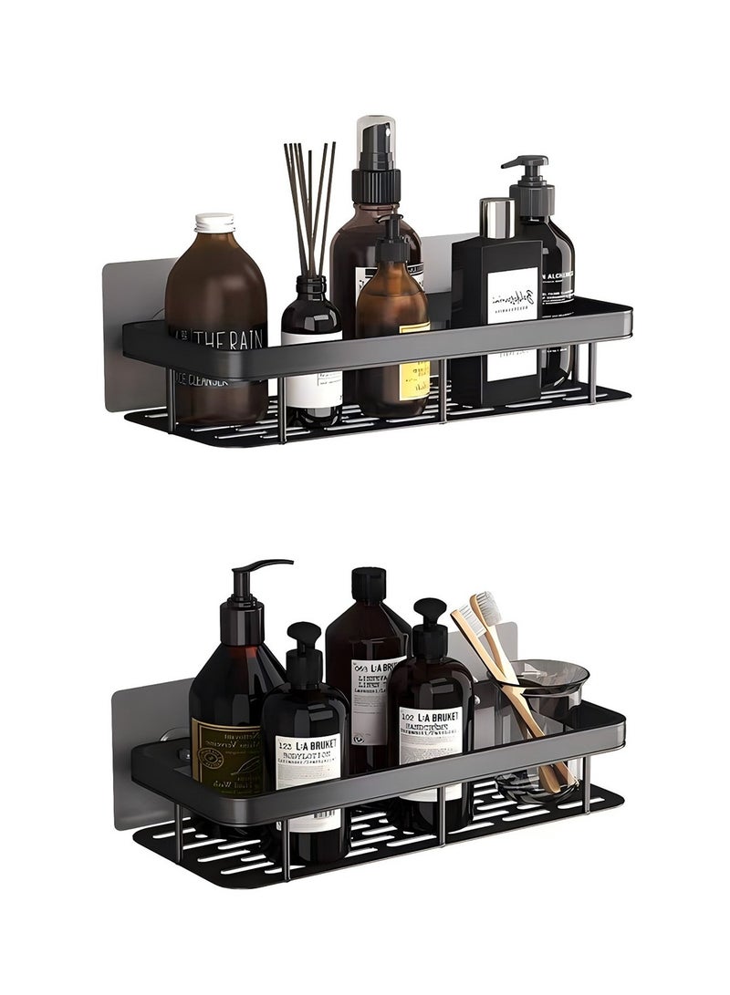 Meishida Long Shower Caddy Shelf, Adhesive Black Bathroom Shower Rack, No Drilling Wall Mounted Shower Organizer, Rustproof Basket for Bathroom, Toilet, Kitchen (2 Pack) - Image 1